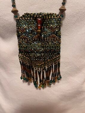 Handmade Green and Gold Beaded Necklace Pouch
